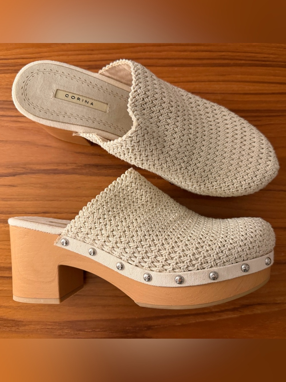 Corina Shoes Cream Crochet Wooden Heeled Clogs Size 38